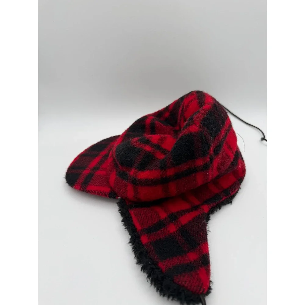 Vintage‎ Eddie Bauer Red Black Plaid Wool Trapper Hat Faux Fur Ear Flaps Large